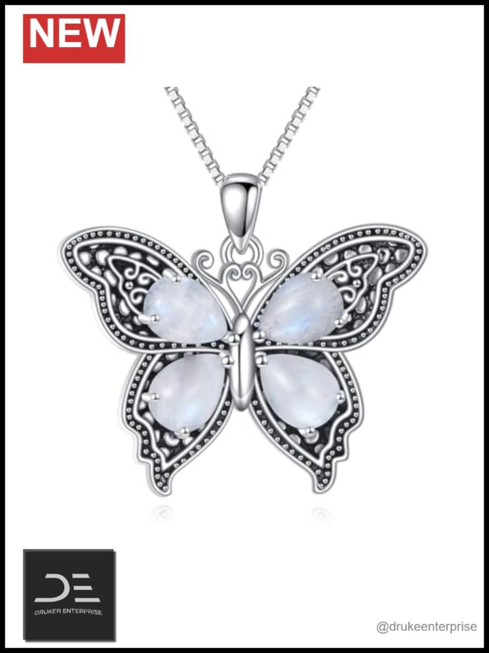 Sterling Silver Moonstone Butterfly Pendant Necklace Filigree Dainty